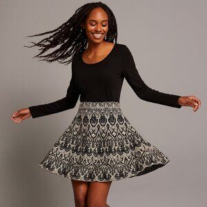 Cynthia Rowley Medium Black Long Sleeve Sweater Dress Gothic Print Skirt Holiday